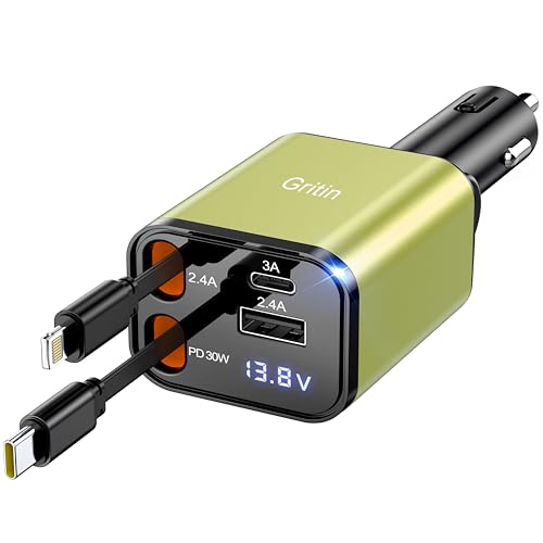 Gritin 69W Zigarettenanzünder USB C PD 3.0 Auto Ladegerät, Dual USB Kfz Ladegerät Adapter mit Typ C & Für iPhone Einziehbares Kabels Metall Autoladegerät mit LED Anzeige, Gelbgrün Gritin 69W Zigarettenanzünder USB C PD 3.0 Auto Ladegerät, Dual USB Kfz Ladegerät Adapter mit Typ C & Für iPhone Einziehbares Kabels Metall Autoladegerät mit LED Anzeige, Gelbgrün von Gritin