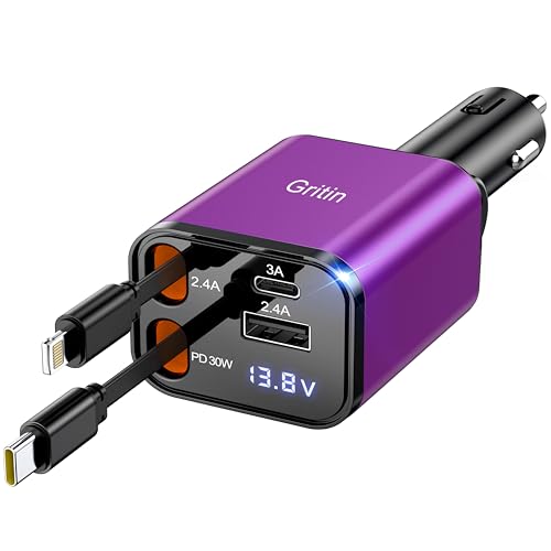 Gritin 69W Zigarettenanzünder USB C PD 3.0 Auto Ladegerät, Dual USB Kfz Ladegerät Adapter mit Typ C & Für iPhone Einziehbares Kabels Metall Autoladegerät mit LED Anzeige, Lila Gritin 69W Zigarettenanzünder USB C PD 3.0 Auto Ladegerät, Dual USB Kfz Ladegerät Adapter mit Typ C & Für iPhone Einziehbares Kabels Metall Autoladegerät mit LED Anzeige, Lila von Gritin