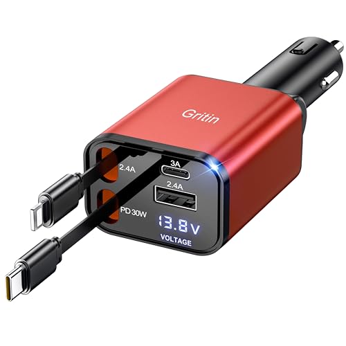 Gritin 69W Zigarettenanzünder USB C PD 3.0 Auto Ladegerät, Dual USB Kfz Ladegerät Adapter mit Typ C & Für iPhone Einziehbares Kabels Metall Autoladegerät mit LED Anzeige, Rot von Gritin