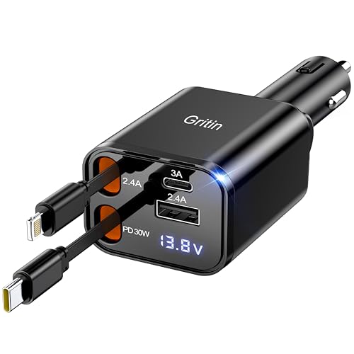 Gritin 69W Zigarettenanzünder USB C PD 3.0 Auto Ladegerät, Dual USB Kfz Ladegerät Adapter mit Typ C & Für iPhone Einziehbares Kabels Metall Autoladegerät mit LED Anzeige, Schwarz Gritin 69W Zigarettenanzünder USB C PD 3.0 Auto Ladegerät, Dual USB Kfz Ladegerät Adapter mit Typ C & Für iPhone Einziehbares Kabels Metall Autoladegerät mit LED Anzeige, Schwarz von Gritin