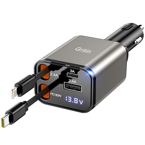 Gritin 4 in 1 Zigarettenanzünder USB C, 69W Auto Ladegerät Adapter mit Spannungsanzeige & Adaptive Charging Technologie, USB Schnellladegerät für iPhone 16/15/14/iPad/Android usw. -Titangolden Gritin 4 in 1 Zigarettenanzünder USB C, 69W Auto Ladegerät Adapter mit Spannungsanzeige & Adaptive Charging Technologie, USB Schnellladegerät für iPhone 16/15/14/iPad/Android usw. -Titangolden von Gritin