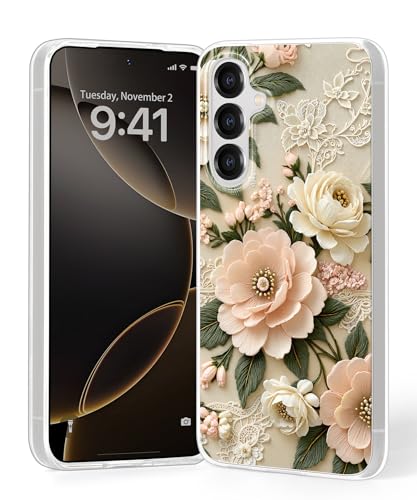 Gronda Handyhülle für Samsung Galaxy A56 5G, Transparent mit Rosa Blumenmuster, Stoßfeste Schutzhülle, Vergilbungsfrei, TPU Slim Case von Gronda