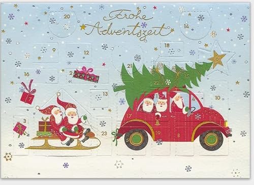 GrosseJewels Mini Adventskalender als Karte zur Weihnachten - hochwertige Grußkarte mit 24 Türchen, inkl. goldenem Umschlag (Auto mit Nikoläusen), Din A6 von GrosseJewels