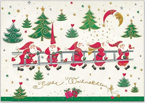 GrosseJewels Turnowsky Weihnachtskarte 3D-Reliefdruck mit Tannenbaum, Schlitten u.v.m. für Familie, Kunden, Mitarbeiter mit Umschlag zum Verschicken (Nikoläuse mit Leiter) von GrosseJewels