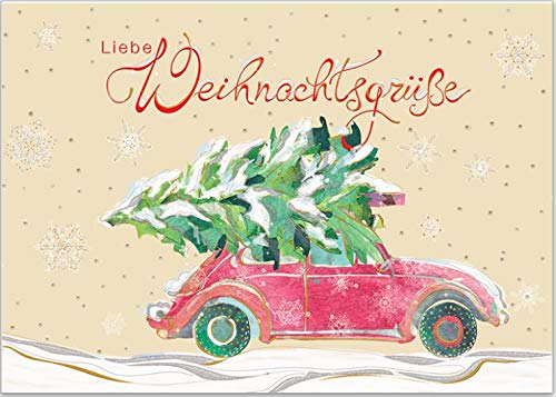 GrosseJewels Turnowsky Weihnachtskarte 3D-Reliefdruck mit Tannenbaum, Schlitten u.v.m. für Familie, Kunden, Mitarbeiter mit Umschlag zum Verschicken (Roter VW-Käfer) von GrosseJewels