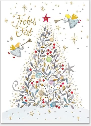 GrosseJewels Turnowsky Weihnachtskarte 3D-Reliefdruck mit Tannenbaum, Schlitten u.v.m. für Familie, Kunden, Mitarbeiter mit Umschlag zum Verschicken (Silberner Tannenbaum) von GrosseJewels