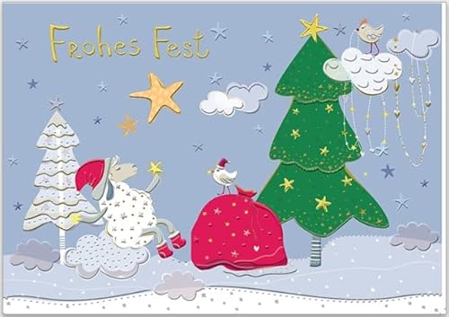 GrosseJewels Turnowsky Weihnachtskarte 3D-Reliefdruck mit Tannenbaum, Schlitten u.v.m. für Familie, Kunden, Mitarbeiter mit Umschlag zum Verschicken (Weihnachts-Schaf) von GrosseJewels