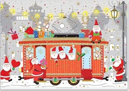 GrosseJewels Turnowsky Weihnachtskarte 3D-Reliefdruck mit Tannenbaum, Schlitten u.v.m. für Familie, Kunden, Mitarbeiter mit Umschlag zum Verschicken (Weihnachtsmänner im Zug) von GrosseJewels
