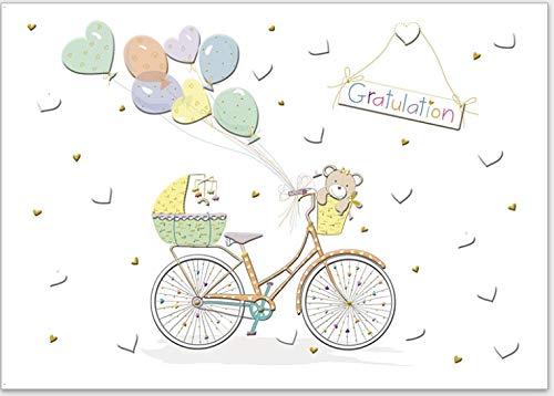 Original Turnowsky: Die schönsten Gruß-Karten rund ums Baby - zur Geburt, Taufe, ... hochwertig geprägt und mit Umschlag (Fahrrad mit Ballons - zur Geburt) von GrosseJewels