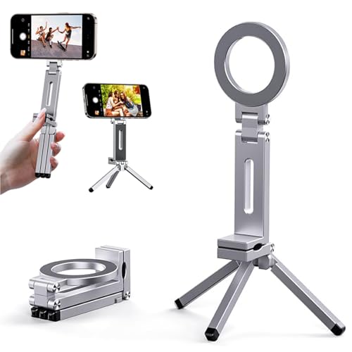 Magnetischer Telefonstativ Ständer für iPhone, 360° Drehbar mit Starkem Magsafe, Faltbares Mini-Stativ für Reisen & Schreibtisch, Kompatibel mit iPhone 12-16 & Android (Inklusive Magnetring) von Growalleter