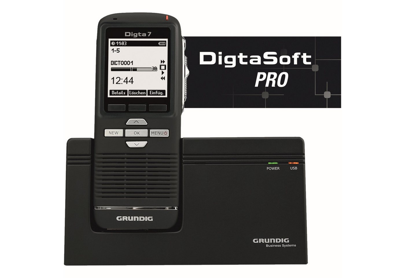 Grundig Digta 7 Premium Set mit DigtaSoft Pro - Typ 703 redesign Digitales Diktiergerät (Netzteil 477, Etui, 2x USB-Kabel) von Grundig