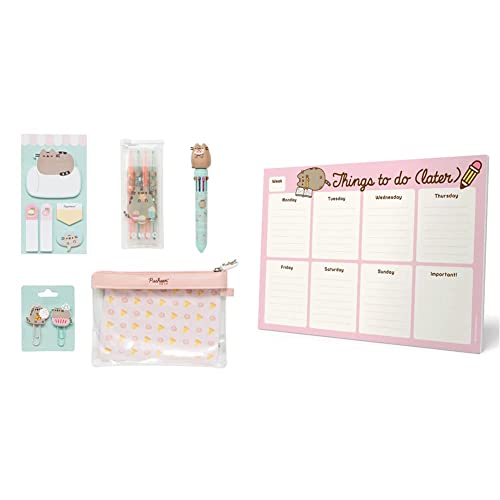 Grupo Erik Schreibwaren Set Pusheen Foodie - Kugelschreiber 10 farben - Groß & Wochenplaner Tischkalender Block - Kalender Planer Pusheen Rose Collection - Tischplaner A4 ohne festes Datum von Grupo Erik