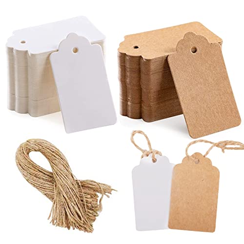 Gtwinsone 200 Stück Geschenkanhänger Kraftpapier Anhänger Etiketten Craft Tags mit Juteschnur Papieranhänger Blanko zum Beschriften Rechteckig 3x5 cm Braun und Weiß von Gtwinsone