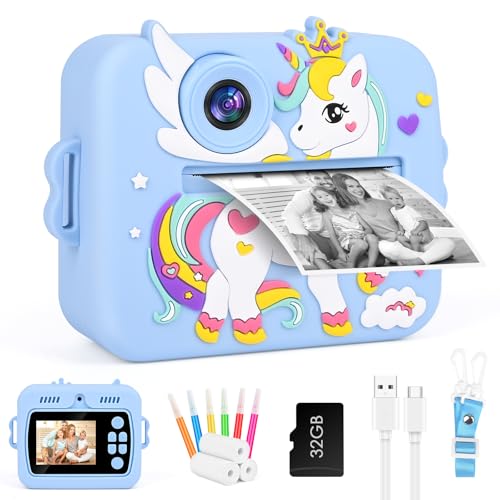 GuKKK Kinderkamera Sofortbildkamera, 2,4 Zoll Sofortbildkamera Kinder mit 32G TF Karte und Fotopapier Drucken, 1080P HD Digitalkamera Kinder, Weihnachten Geschenk für Jungen und Mädchen 3-12 Jahre von GuKKK