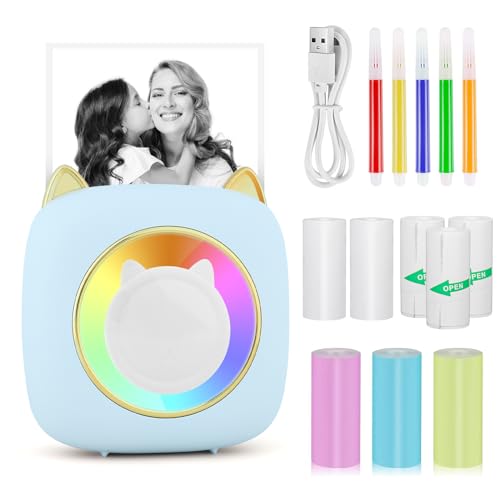 GuKKK Mini Drucker, Mobiler Fotodrucker, Tragbarer Mini Fotodrucker mit Sieben Farben LED, Wireless Fotodrucker Thermodrucker, Smartphone Bluetooth Drucker, für Lernhilfe,Lernnotizen,Journal von GuKKK
