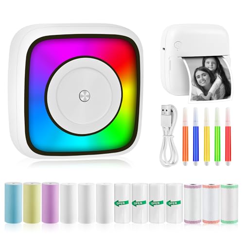 GuKKK Mini Drucker, Mobiler Fotodrucker, Tragbarer Mini Fotodrucker mit Sieben Farben LED, Wireless Fotodrucker Thermodrucker, Smartphone Bluetooth Drucker, für Lernhilfe,Lernnotizen,Journal (Farbe) von GuKKK