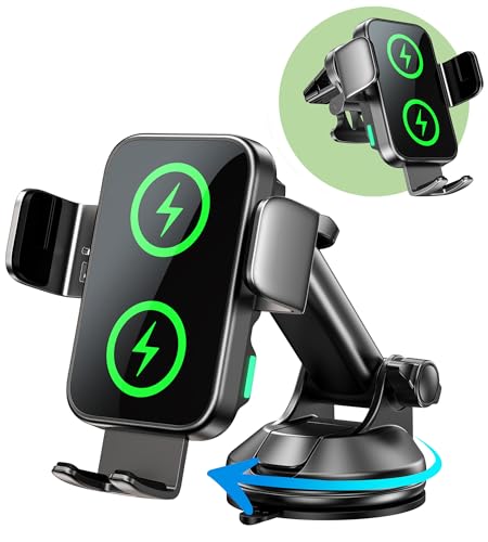 GuMosh 15W Handyhalterung Auto mit Ladefunktion, [Doppelspule] [360° Automatische Klemmung] Induktive Ladestation Auto Wireless Charger für Lüftung+ Saugnapf, Kfz Ladegerät für iPhone 16-12/Samsung von GuMosh