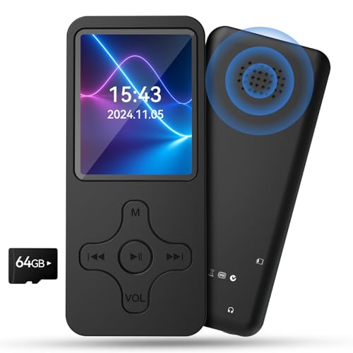 Gueray MP3 Player Bluetooth mit 64GB TF-Karte MP3 Players mit Lautsprecher Unterstützt FM-Radio Rekorder Alarm Video E-Book Bilder TF-Karte bis zu 128GB Schwarz von Gueray