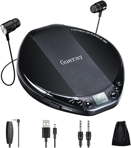 Gueray Tragbarer CD Player HiFi Classic Persönlicher CD-Player mit Kopfhörer-Überspringschutz LCD-Display Walkman von Gueray