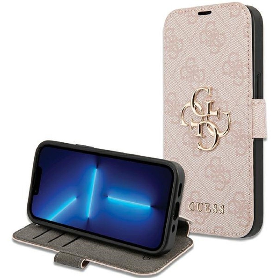 Guess Handyhülle Bookcase Cover iPhone 15 rosa Logo goldfarben aufstellbar 6,1 Zoll, Kartenfächer von Guess
