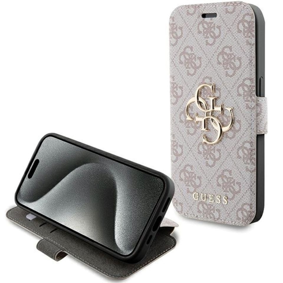 Guess Handyhülle Bookcase iPhone 15 Pro Kunstleder rosa goldfarbenes Logo 6,1 Zoll, Kantenschutz Guess Handyhülle Bookcase iPhone 15 Pro Kunstleder rosa goldfarbenes Logo 6,1 Zoll, Kantenschutz von Guess
