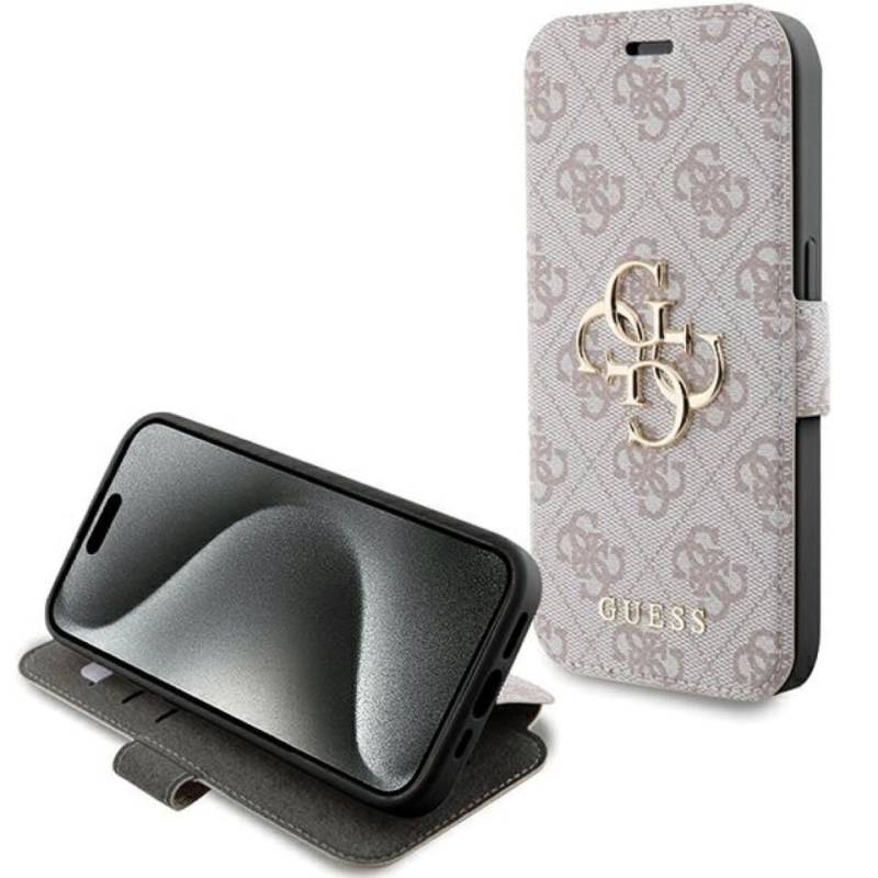 Guess Handyhülle Bookcase iPhone 15 Pro Kunstleder rosa goldfarbenes Logo 6,1 Zoll, Kantenschutz von Guess