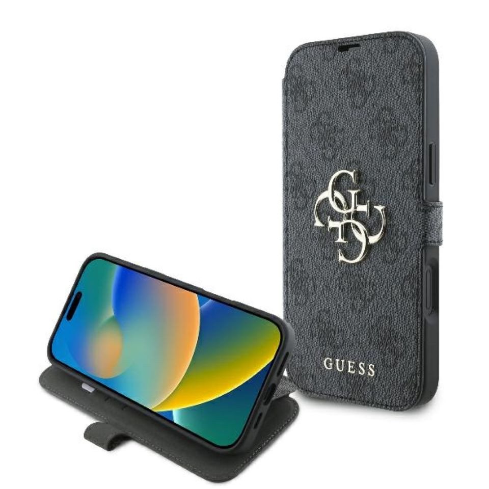Guess Handyhülle Bookcase iPhone 16 Plus grau Logo goldfarben aufstellbar 6,7 Zoll, Kantenschutz Guess Handyhülle Bookcase iPhone 16 Plus grau Logo goldfarben aufstellbar 6,7 Zoll, Kantenschutz von Guess