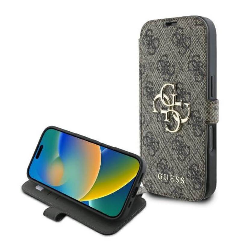 Guess Handyhülle Bookcase iPhone 16 Pro Max braun Logo goldfarben aufstellbar 6,9 Zoll, Kantenschutz von Guess