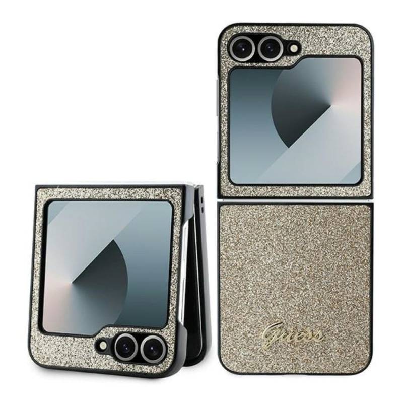 Guess Handyhülle Case Galaxy Z Flip 6 goldfarbiges Logo Glitter Kunststoff 6,7 Zoll, Kantenschutz von Guess