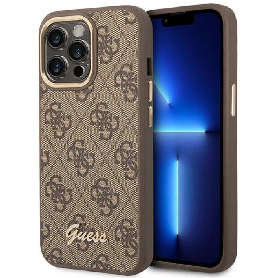 Guess Handyhülle Case iPhone 14 Pro Kunstleder braun Muster Logo goldfarben 6,1 Zoll, Kantenschutz von Guess