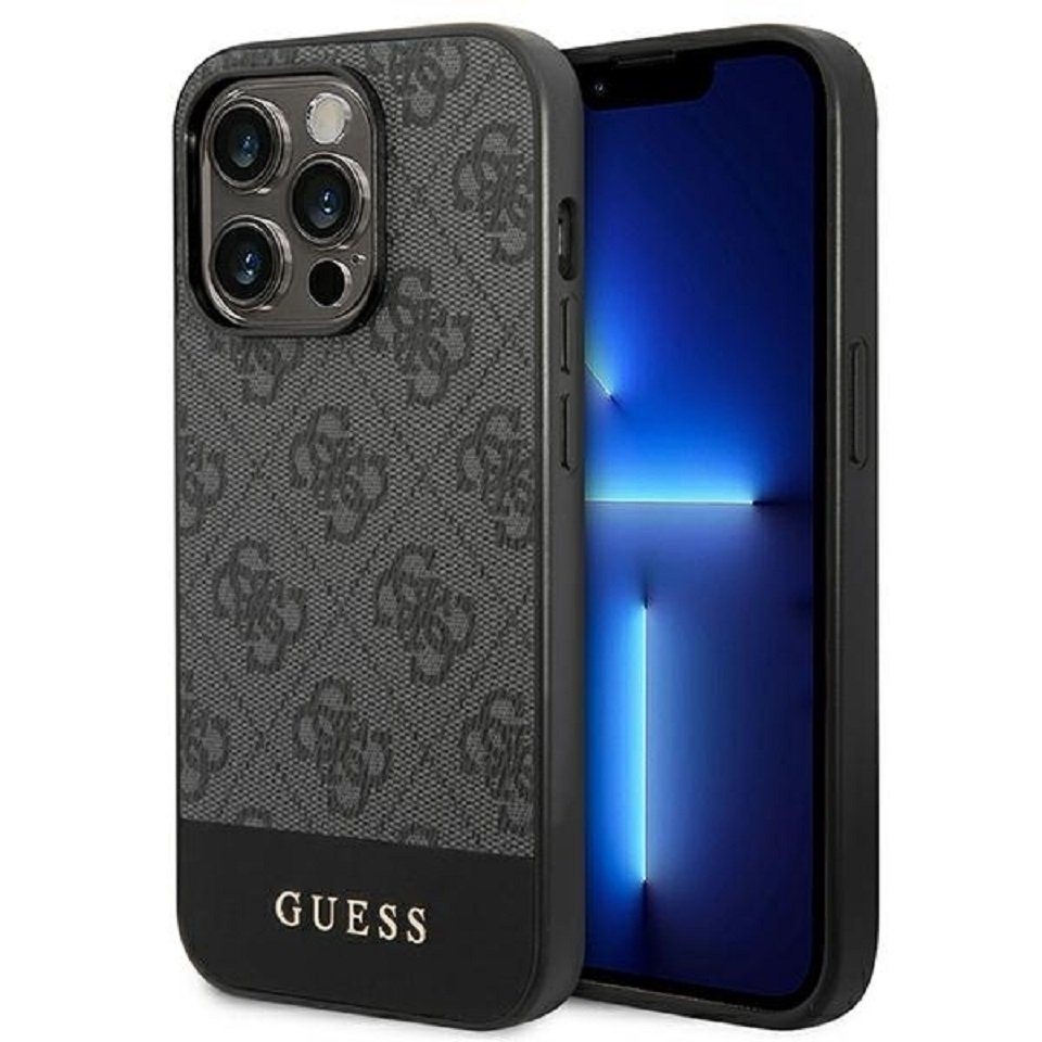 Guess Handyhülle Case iPhone 14 Pro Kunstleder grau Muster Logo goldfarben 6,1 Zoll, Kantenschutz von Guess