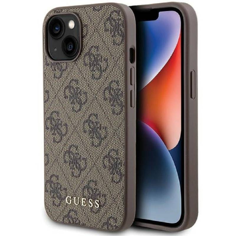 Guess Handyhülle Case iPhone 15 Kunstleder braun mit goldfarbenen Logo 6,1 Zoll, Kantenschutz von Guess