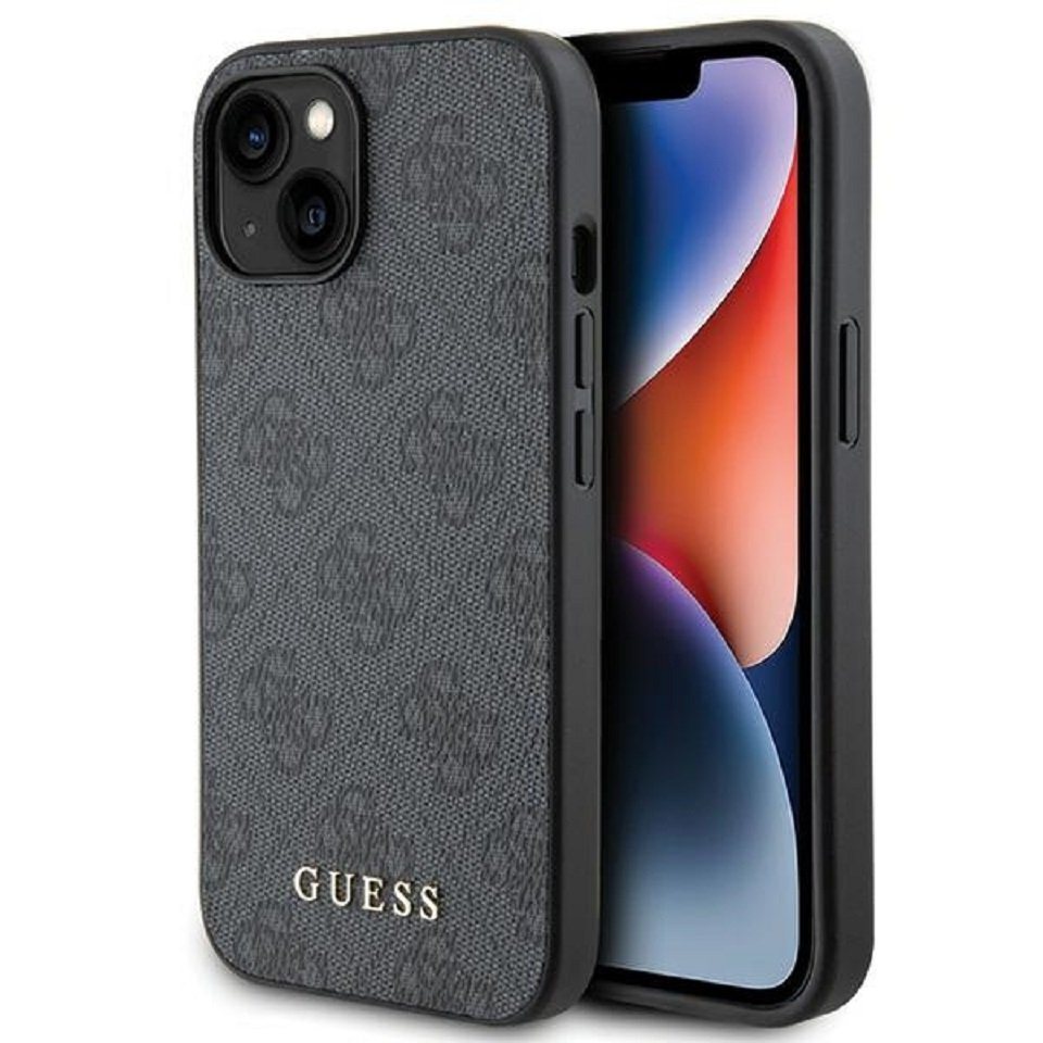 Guess Handyhülle Case iPhone 15 Kunstleder grau mit goldfarbenen Logo 6,1 Zoll, Kantenschutz von Guess