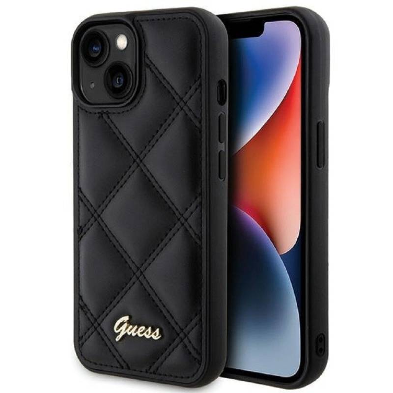 Guess Handyhülle Case iPhone 15 Kunstleder schwarz mit Logo goldfarben 6,1 Zoll, Kantenschutz von Guess