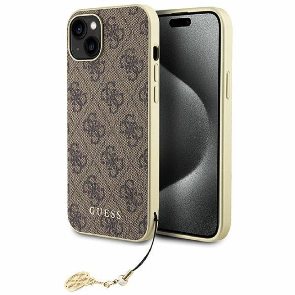 Guess Handyhülle Case iPhone 15 Plus Kunstleder braun mit Kette goldfarbig 6,7 Zoll, Kantenschutz von Guess