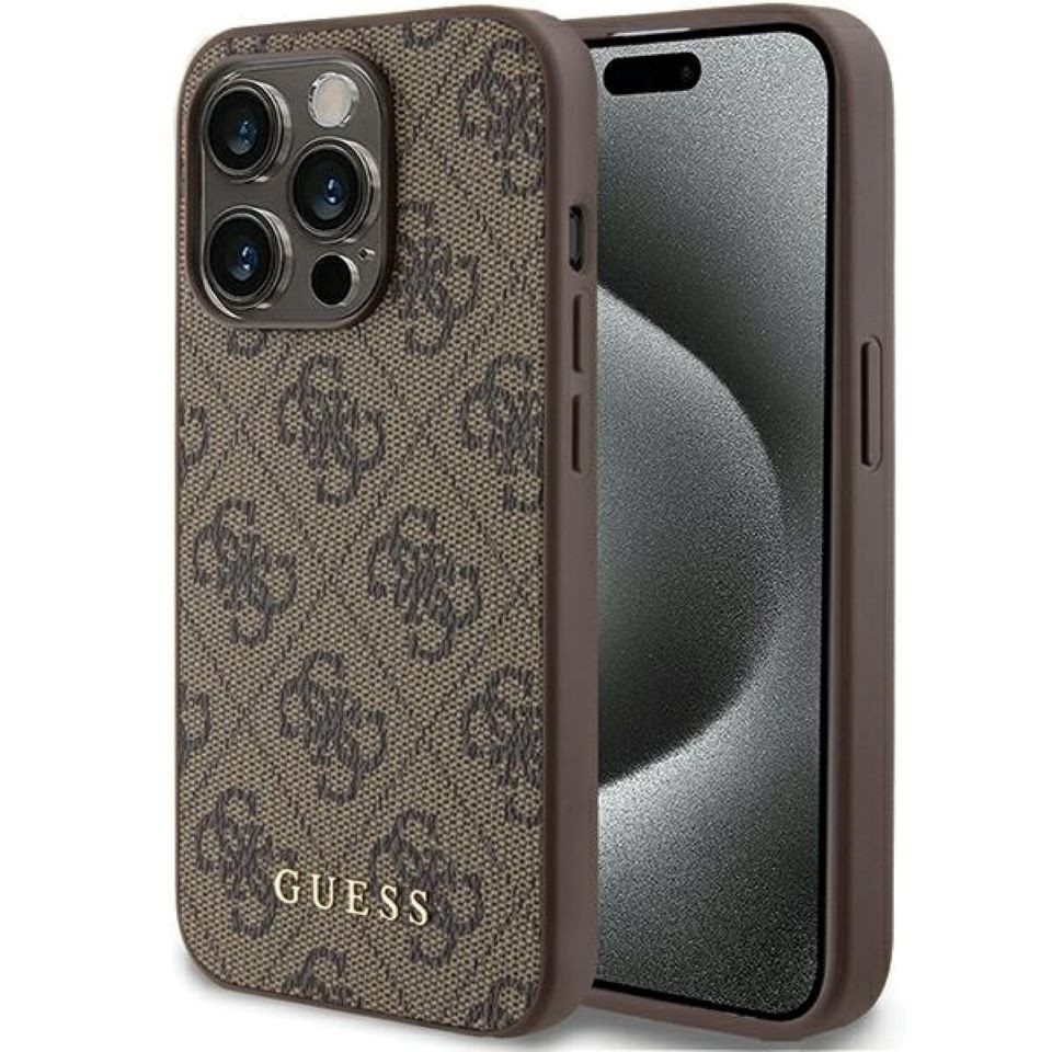 Guess Handyhülle Case iPhone 15 Pro Kunstleder braun mit goldfarbenen Logo 6,1 Zoll, Kantenschutz von Guess