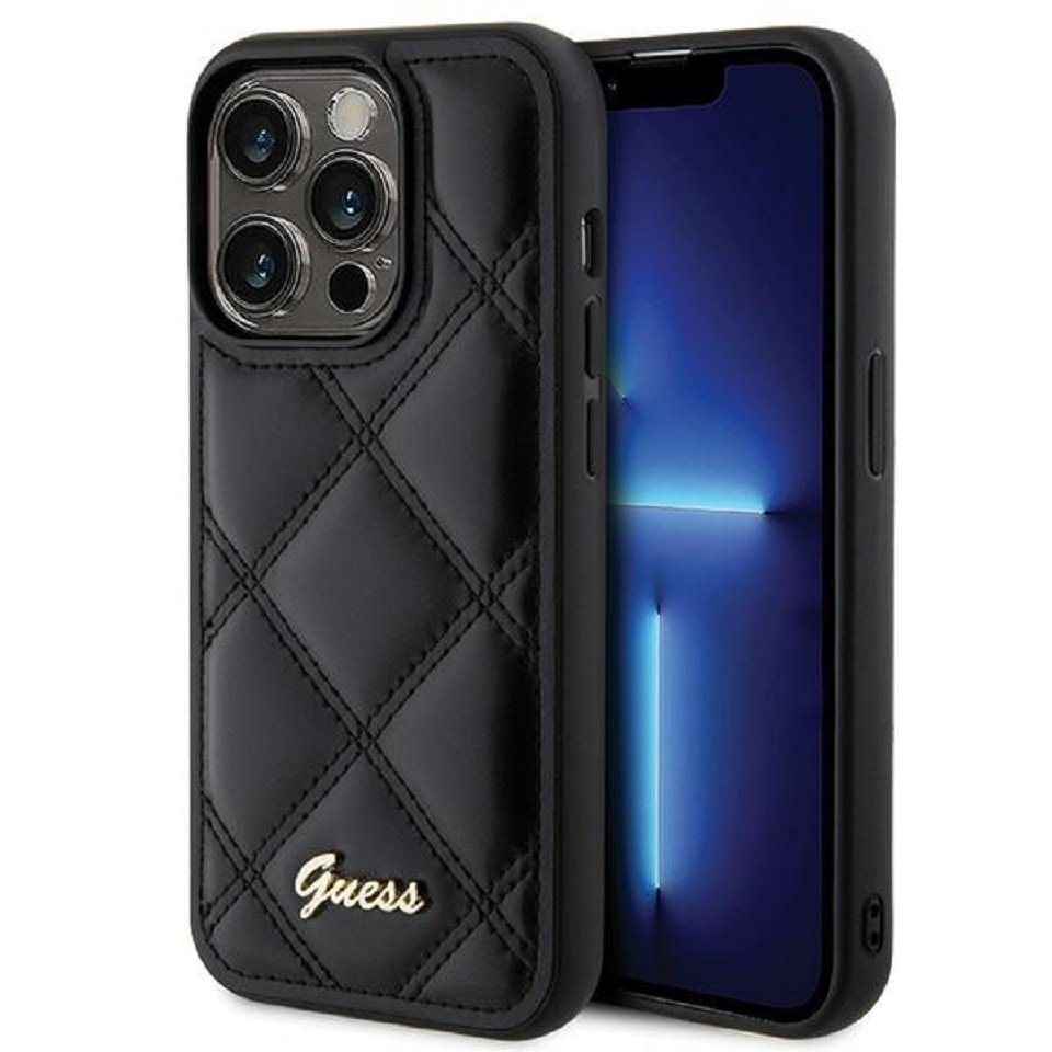 Guess Handyhülle Case iPhone 15 Pro Kunstleder schwarz mit Logo goldfarben 6,1 Zoll, Kantenschutz von Guess