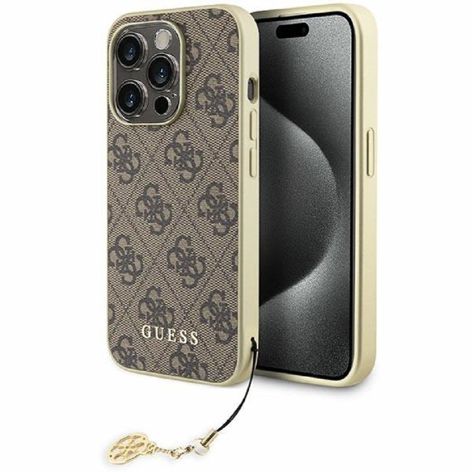 Guess Handyhülle Case iPhone 15 Pro Max Kunstleder braun mit Kette goldfarbig 6,7 Zoll, Kantenschutz von Guess