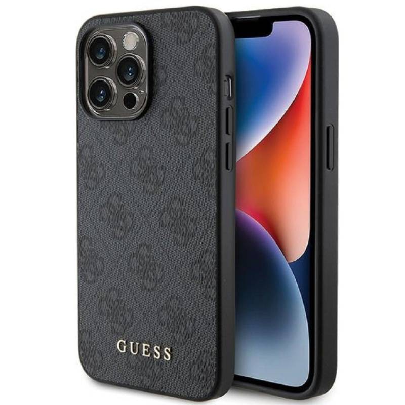 Guess Handyhülle Case iPhone 15 Pro Max Kunstleder grau mit goldfarbenen Logo 6,7 Zoll, Kantenschutz von Guess