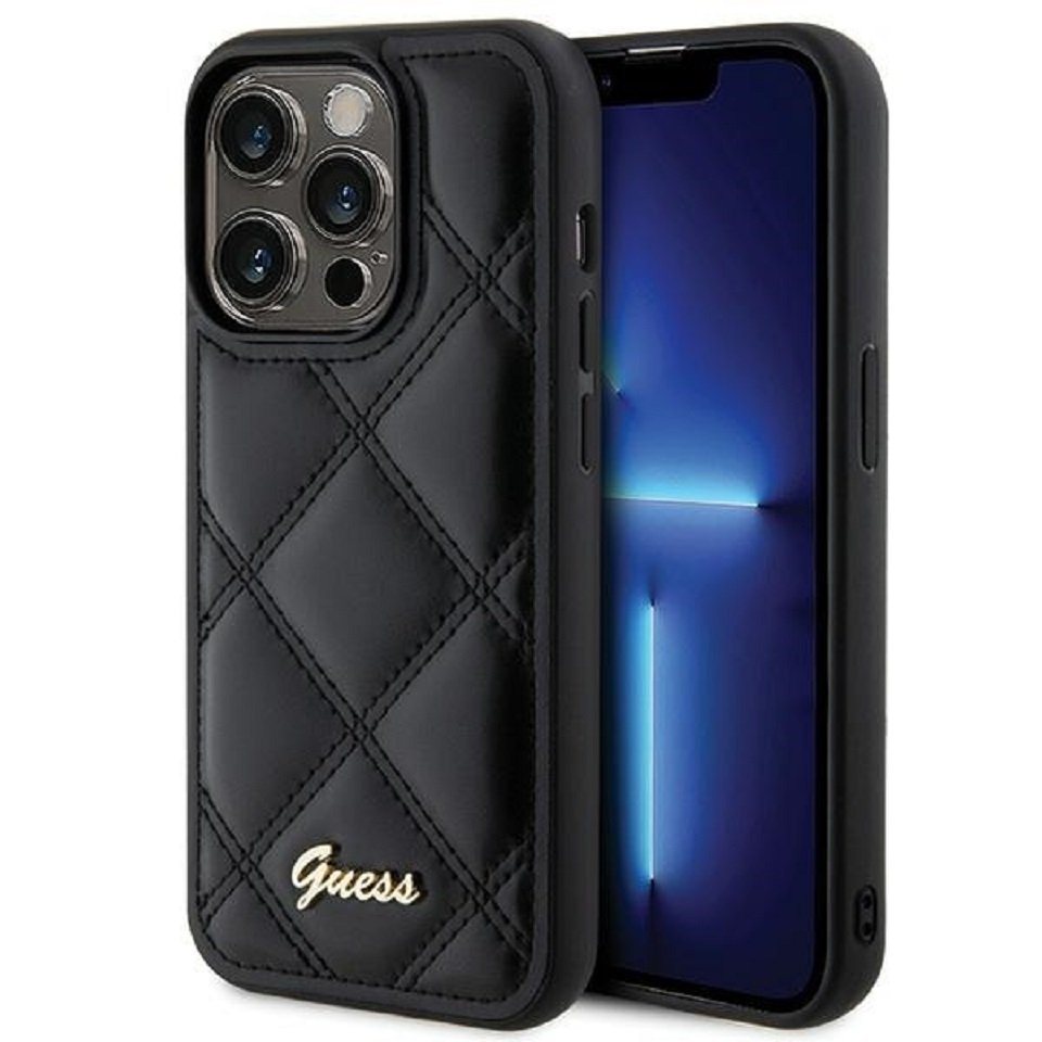 Guess Handyhülle Case iPhone 15 Pro Max Kunstleder schwarz mit Logo goldfarben 6,7 Zoll, Kantenschutz von Guess