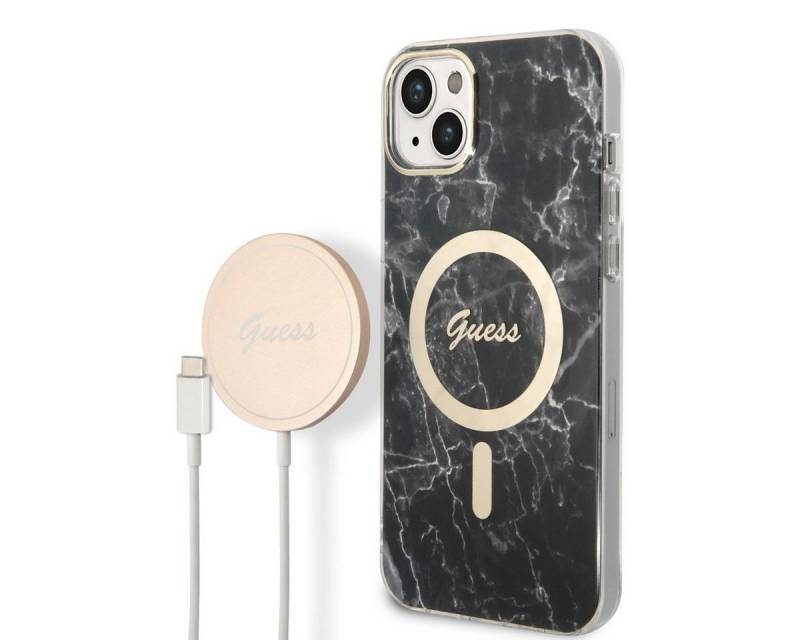 Guess Handyhülle GUESS Schutzhülle für Apple iPhone 14 Plus Hard Case Marble MagSafe Schwarz von Guess