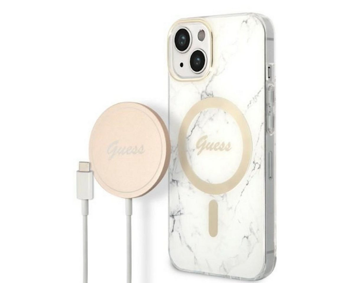 Guess Handyhülle GUESS Schutzhülle für Apple iPhone 14 Plus Hard Case Marble MagSafe Weiß von Guess