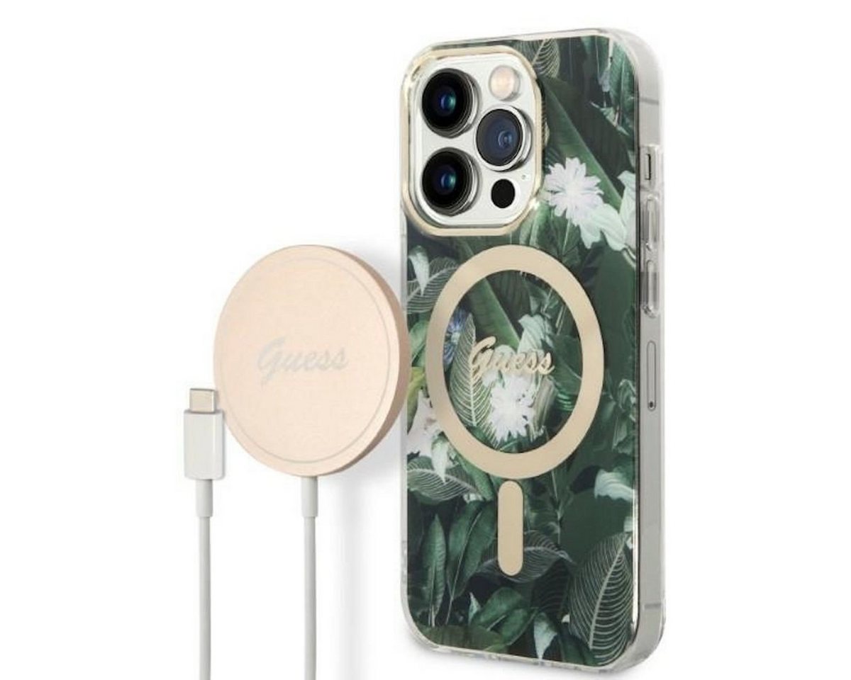 Guess Handyhülle GUESS Schutzhülle für Apple iPhone 14 Pro Hard Case Jungle MagSafe Cover Etui Grün von Guess