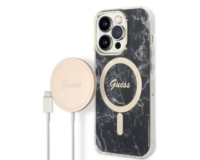 Guess Handyhülle GUESS Schutzhülle für Apple iPhone 14 Pro Hard Case Marble MagSafe Schwarz von Guess