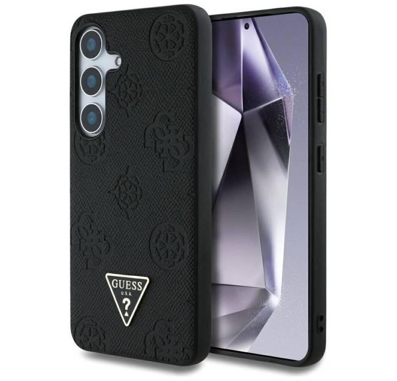 Guess Handyhülle Galaxy S25 Kunstleder schwarz MagSafe Logo Triangle goldfarben 6,2 Zoll, Kantenschutz von Guess