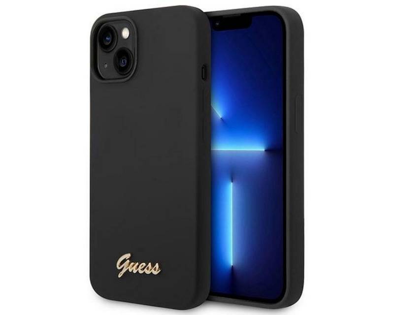 Guess Handyhülle Guess Apple iPhone 14 Hard Case Silicone Vintage Gold Logo Schwarz von Guess