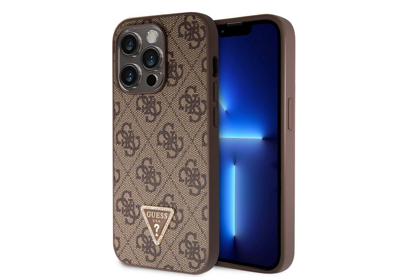 Guess Handyhülle Guess PU 4G Strass Triangle Metal Logo Case für iPhone 15 Pro Braun Sc von Guess