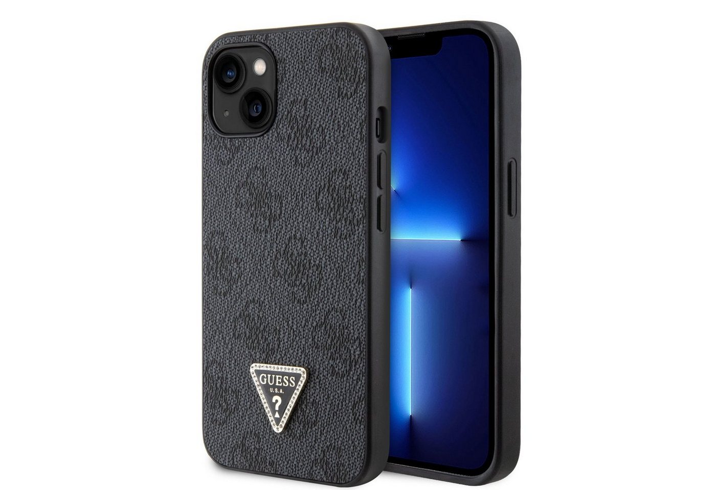 Guess Handyhülle Guess PU 4G Strass Triangle Metal Logo Case für iPhone 15 schwarz Schu von Guess