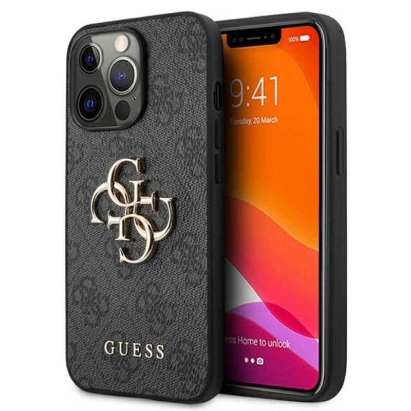 Guess Handyhülle Hardcase iPhone 13 Pro Max grau Logo Metall goldfarben 6,7 Zoll, Kantenschutz von Guess