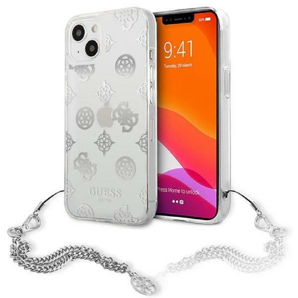 Guess Handyhülle iPhone 13 Mini Case mit Anhänger Hardcase Kunststoff silber 5,4 Zoll, Kantenschutz Guess Handyhülle iPhone 13 Mini Case mit Anhänger Hardcase Kunststoff silber 5,4 Zoll, Kantenschutz von Guess